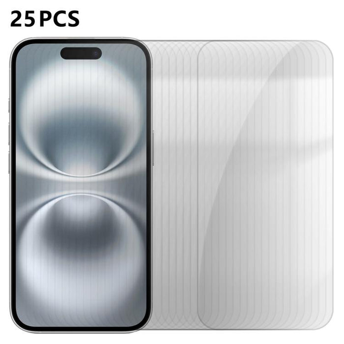 25 láminas de vidrio templado HD antihuellas de aluminio de alta calidad con protección semitransparente., For iPhone 17e / 16e, For iPhone 17 Pro Max, For iPhone 17 Pro, For iPhone 17, For iPhone Air, For iPhone 16 Pro Max, For iPhone 16 Pro          ...
