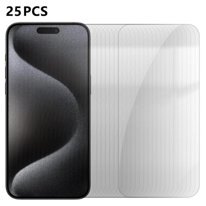 25 láminas de vidrio templado HD antihuellas de aluminio de alta calidad con protección semitransparente., For iPhone 17e / 16e, For iPhone 17 Pro Max, For iPhone 17 Pro, For iPhone 17, For iPhone Air, For iPhone 16 Pro Max, For iPhone 16 Pro          ...