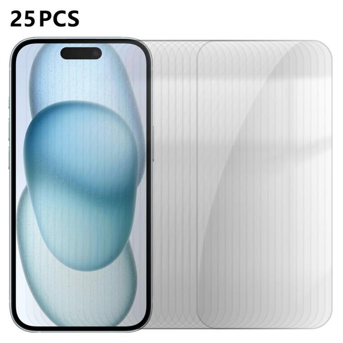 25 láminas de vidrio templado HD antihuellas de aluminio de alta calidad con protección semitransparente., For iPhone 17e / 16e, For iPhone 17 Pro Max, For iPhone 17 Pro, For iPhone 17, For iPhone Air, For iPhone 16 Pro Max, For iPhone 16 Pro          ...