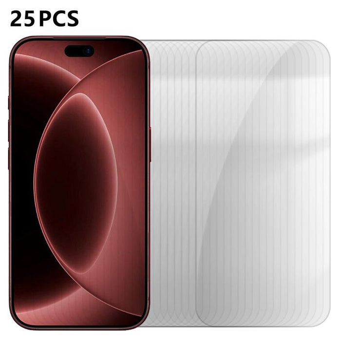 25 láminas de vidrio templado HD antihuellas de aluminio de alta calidad con protección semitransparente., For iPhone 17e / 16e, For iPhone 17 Pro Max, For iPhone 17 Pro, For iPhone 17, For iPhone Air, For iPhone 16 Pro Max, For iPhone 16 Pro          ...