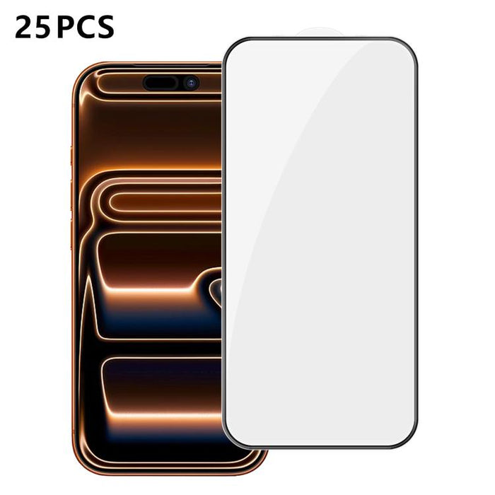 25 láminas de vidrio templado HD de alta calidad, con acabado de aluminio, cobertura total, antihuellas y serigrafía., For iPhone 17e / 16e, For iPhone 17 Pro Max, For iPhone 17 Pro, For iPhone 17, For iPhone Air, For iPhone 16 Pro Max, For iPhone 16 P...
