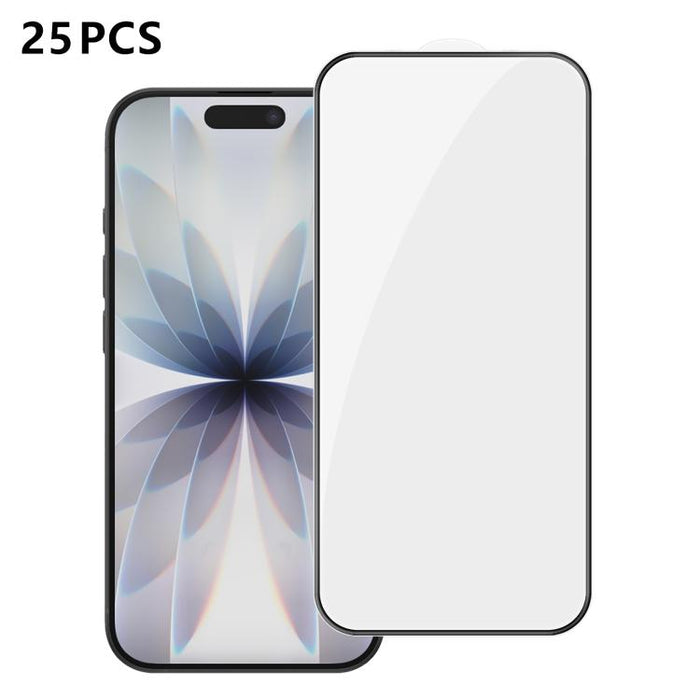 25 láminas de vidrio templado HD de alta calidad, con acabado de aluminio, cobertura total, antihuellas y serigrafía., For iPhone 17e / 16e, For iPhone 17 Pro Max, For iPhone 17 Pro, For iPhone 17, For iPhone Air, For iPhone 16 Pro Max, For iPhone 16 P...