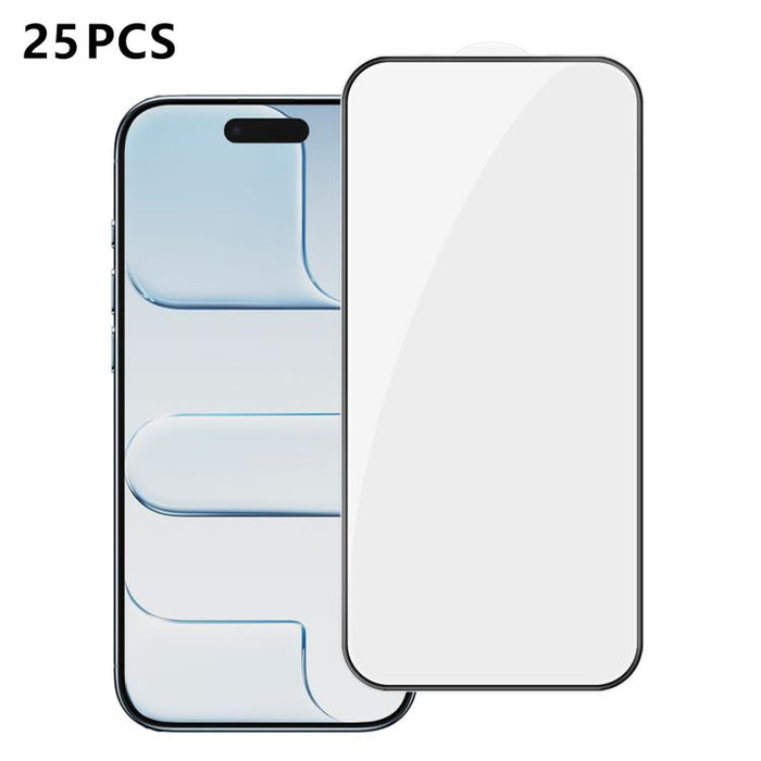 25 láminas de vidrio templado HD de alta calidad, con acabado de aluminio, cobertura total, antihuellas y serigrafía., For iPhone 17e / 16e, For iPhone 17 Pro Max, For iPhone 17 Pro, For iPhone 17, For iPhone Air, For iPhone 16 Pro Max, For iPhone 16 P...