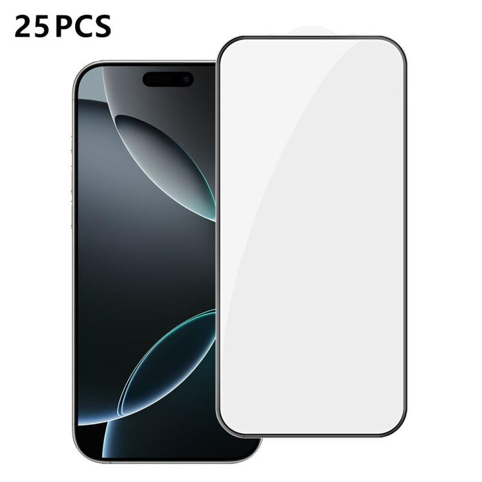 25 láminas de vidrio templado HD de alta calidad, con acabado de aluminio, cobertura total, antihuellas y serigrafía., For iPhone 17e / 16e, For iPhone 17 Pro Max, For iPhone 17 Pro, For iPhone 17, For iPhone Air, For iPhone 16 Pro Max, For iPhone 16 P...