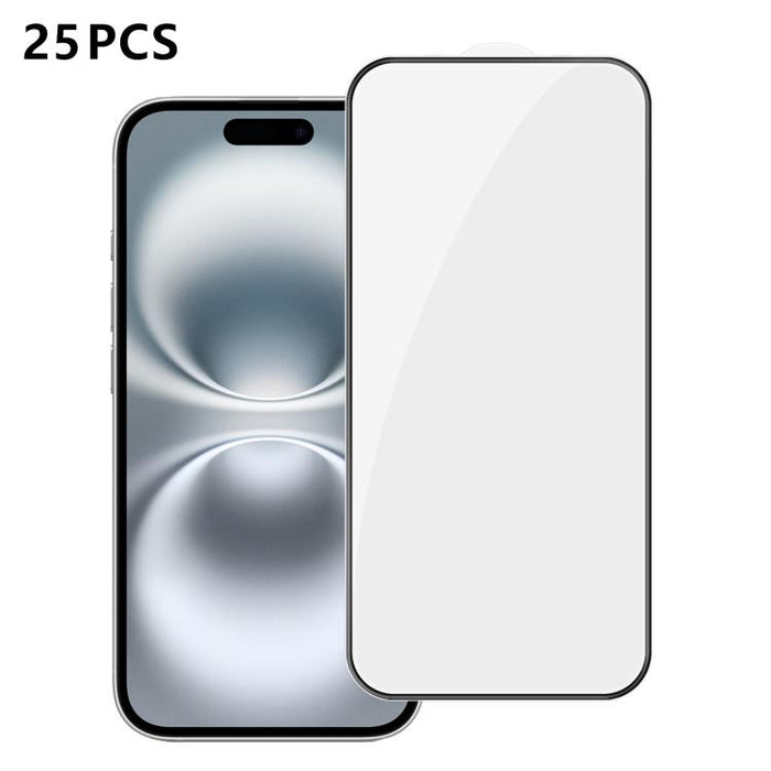 25 láminas de vidrio templado HD de alta calidad, con acabado de aluminio, cobertura total, antihuellas y serigrafía., For iPhone 17e / 16e, For iPhone 17 Pro Max, For iPhone 17 Pro, For iPhone 17, For iPhone Air, For iPhone 16 Pro Max, For iPhone 16 P...