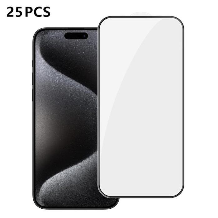 25 láminas de vidrio templado HD de alta calidad, con acabado de aluminio, cobertura total, antihuellas y serigrafía., For iPhone 17e / 16e, For iPhone 17 Pro Max, For iPhone 17 Pro, For iPhone 17, For iPhone Air, For iPhone 16 Pro Max, For iPhone 16 P...