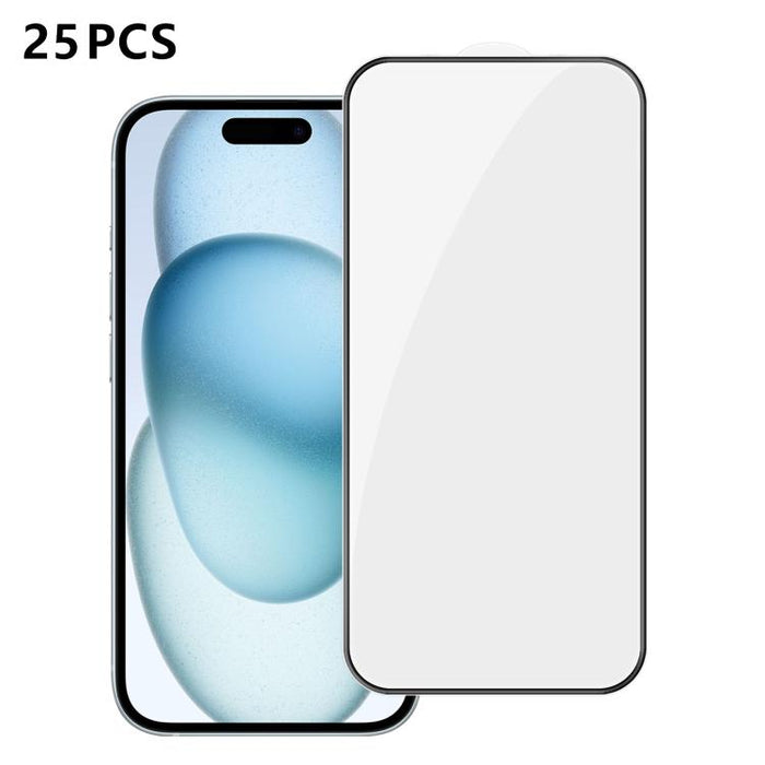 25 láminas de vidrio templado HD de alta calidad, con acabado de aluminio, cobertura total, antihuellas y serigrafía., For iPhone 17e / 16e, For iPhone 17 Pro Max, For iPhone 17 Pro, For iPhone 17, For iPhone Air, For iPhone 16 Pro Max, For iPhone 16 P...