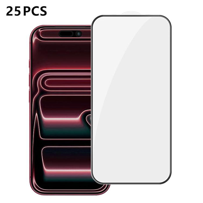 25 láminas de vidrio templado HD de alta calidad, con acabado de aluminio, cobertura total, antihuellas y serigrafía., For iPhone 17e / 16e, For iPhone 17 Pro Max, For iPhone 17 Pro, For iPhone 17, For iPhone Air, For iPhone 16 Pro Max, For iPhone 16 P...