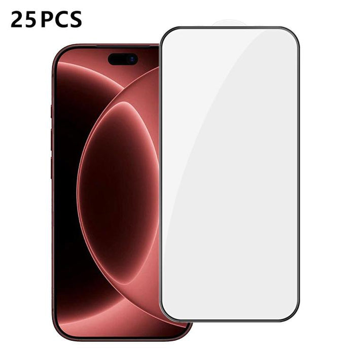 25 láminas de vidrio templado HD de alta calidad, con acabado de aluminio, cobertura total, antihuellas y serigrafía., For iPhone 17e / 16e, For iPhone 17 Pro Max, For iPhone 17 Pro, For iPhone 17, For iPhone Air, For iPhone 16 Pro Max, For iPhone 16 P...