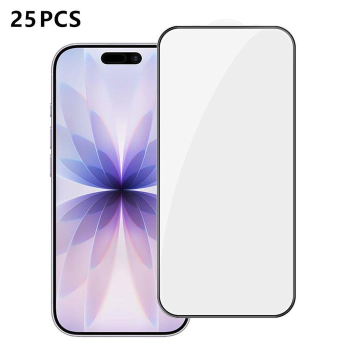 25 láminas de vidrio templado HD de alta calidad, con acabado de aluminio, cobertura total, antihuellas y serigrafía., For iPhone 17e / 16e, For iPhone 17 Pro Max, For iPhone 17 Pro, For iPhone 17, For iPhone Air, For iPhone 16 Pro Max, For iPhone 16 P...