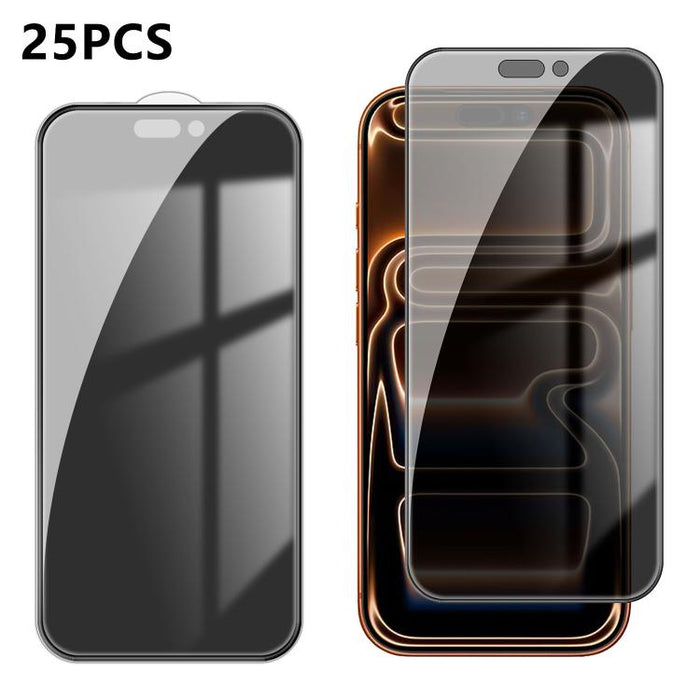 25 láminas de vidrio templado de alta calidad con acabado de aluminio, cobertura total, antihuellas y serigrafía para mayor privacidad., For iPhone 17e / 16e, For iPhone 17 Pro Max, For iPhone 17 Pro, For iPhone 17, For iPhone Air, For iPhone 16 Pro Ma...