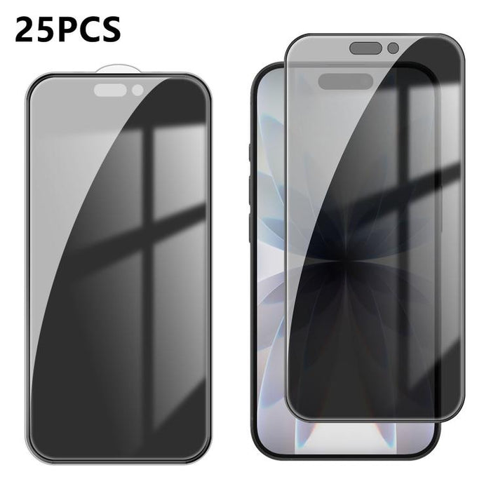 25 láminas de vidrio templado de alta calidad con acabado de aluminio, cobertura total, antihuellas y serigrafía para mayor privacidad., For iPhone 17e / 16e, For iPhone 17 Pro Max, For iPhone 17 Pro, For iPhone 17, For iPhone Air, For iPhone 16 Pro Ma...