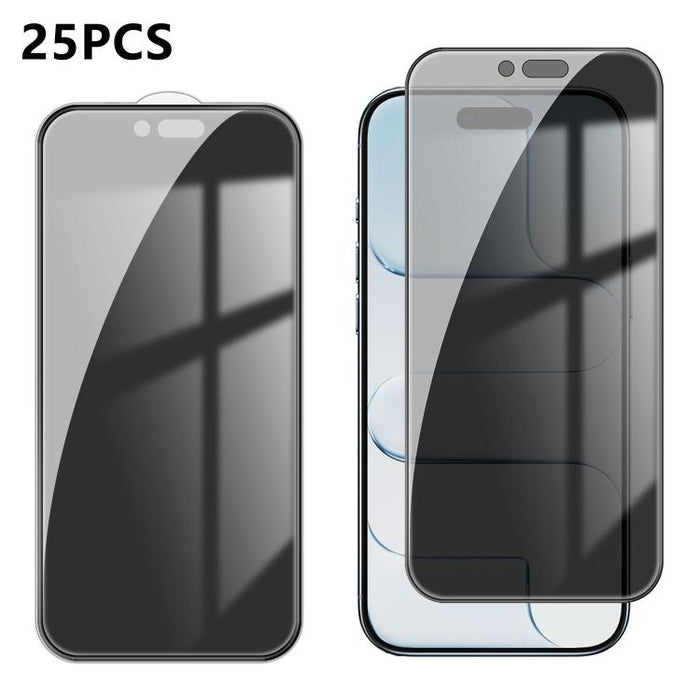 25 láminas de vidrio templado de alta calidad con acabado de aluminio, cobertura total, antihuellas y serigrafía para mayor privacidad., For iPhone 17e / 16e, For iPhone 17 Pro Max, For iPhone 17 Pro, For iPhone 17, For iPhone Air, For iPhone 16 Pro Ma...