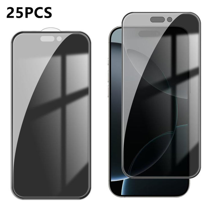25 láminas de vidrio templado de alta calidad con acabado de aluminio, cobertura total, antihuellas y serigrafía para mayor privacidad., For iPhone 17e / 16e, For iPhone 17 Pro Max, For iPhone 17 Pro, For iPhone 17, For iPhone Air, For iPhone 16 Pro Ma...