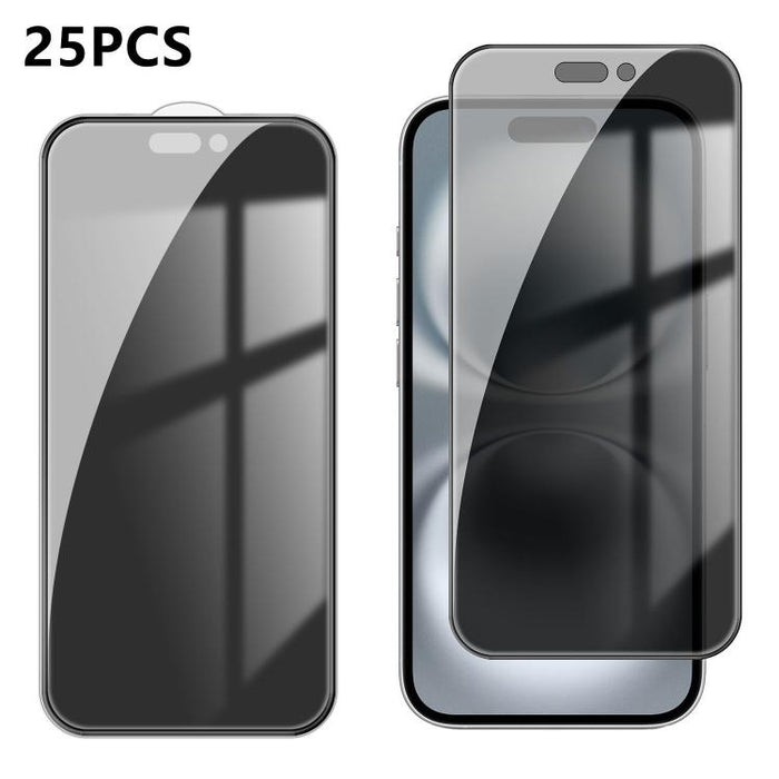 25 láminas de vidrio templado de alta calidad con acabado de aluminio, cobertura total, antihuellas y serigrafía para mayor privacidad., For iPhone 17e / 16e, For iPhone 17 Pro Max, For iPhone 17 Pro, For iPhone 17, For iPhone Air, For iPhone 16 Pro Ma...