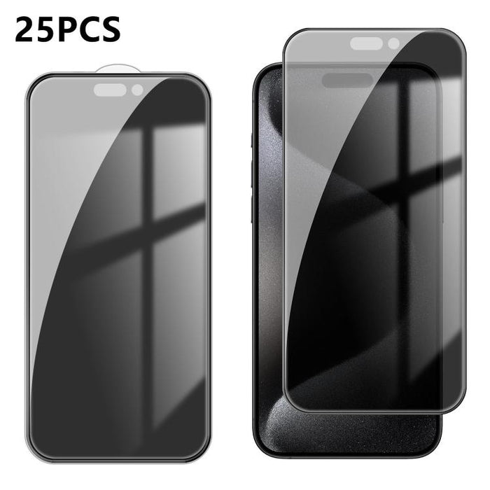 25 láminas de vidrio templado de alta calidad con acabado de aluminio, cobertura total, antihuellas y serigrafía para mayor privacidad., For iPhone 17e / 16e, For iPhone 17 Pro Max, For iPhone 17 Pro, For iPhone 17, For iPhone Air, For iPhone 16 Pro Ma...