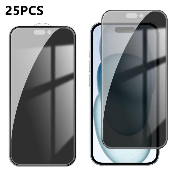 25 láminas de vidrio templado de alta calidad con acabado de aluminio, cobertura total, antihuellas y serigrafía para mayor privacidad., For iPhone 17e / 16e, For iPhone 17 Pro Max, For iPhone 17 Pro, For iPhone 17, For iPhone Air, For iPhone 16 Pro Ma...