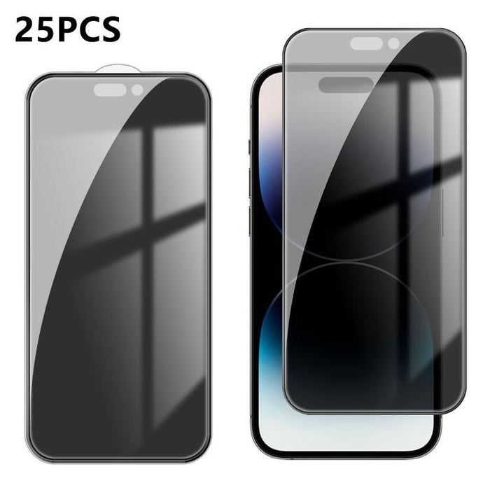 25 láminas de vidrio templado de alta calidad con acabado de aluminio, cobertura total, antihuellas y serigrafía para mayor privacidad., For iPhone 17e / 16e, For iPhone 17 Pro Max, For iPhone 17 Pro, For iPhone 17, For iPhone Air, For iPhone 16 Pro Ma...