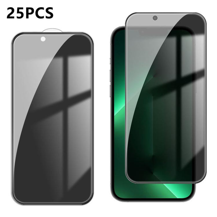25 láminas de vidrio templado de alta calidad con acabado de aluminio, cobertura total, antihuellas y serigrafía para mayor privacidad., For iPhone 17e / 16e, For iPhone 17 Pro Max, For iPhone 17 Pro, For iPhone 17, For iPhone Air, For iPhone 16 Pro Ma...