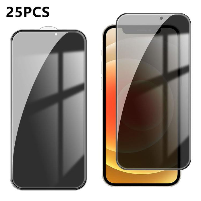 25 láminas de vidrio templado de alta calidad con acabado de aluminio, cobertura total, antihuellas y serigrafía para mayor privacidad., For iPhone 17e / 16e, For iPhone 17 Pro Max, For iPhone 17 Pro, For iPhone 17, For iPhone Air, For iPhone 16 Pro Ma...
