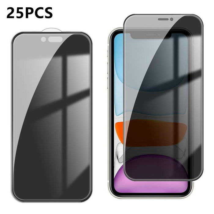 25 láminas de vidrio templado de alta calidad con acabado de aluminio, cobertura total, antihuellas y serigrafía para mayor privacidad., For iPhone 17e / 16e, For iPhone 17 Pro Max, For iPhone 17 Pro, For iPhone 17, For iPhone Air, For iPhone 16 Pro Ma...