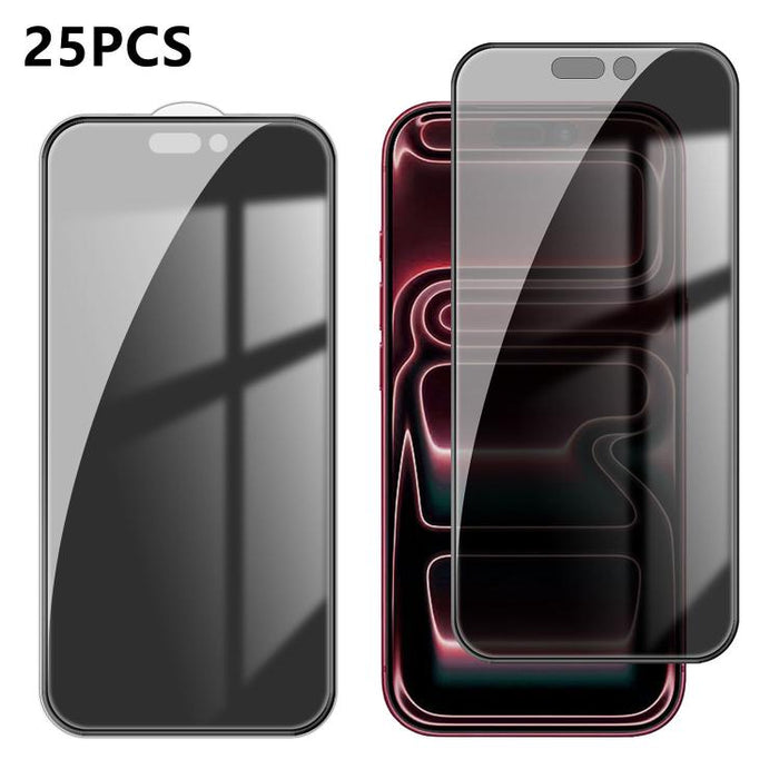 25 láminas de vidrio templado de alta calidad con acabado de aluminio, cobertura total, antihuellas y serigrafía para mayor privacidad., For iPhone 17e / 16e, For iPhone 17 Pro Max, For iPhone 17 Pro, For iPhone 17, For iPhone Air, For iPhone 16 Pro Ma...