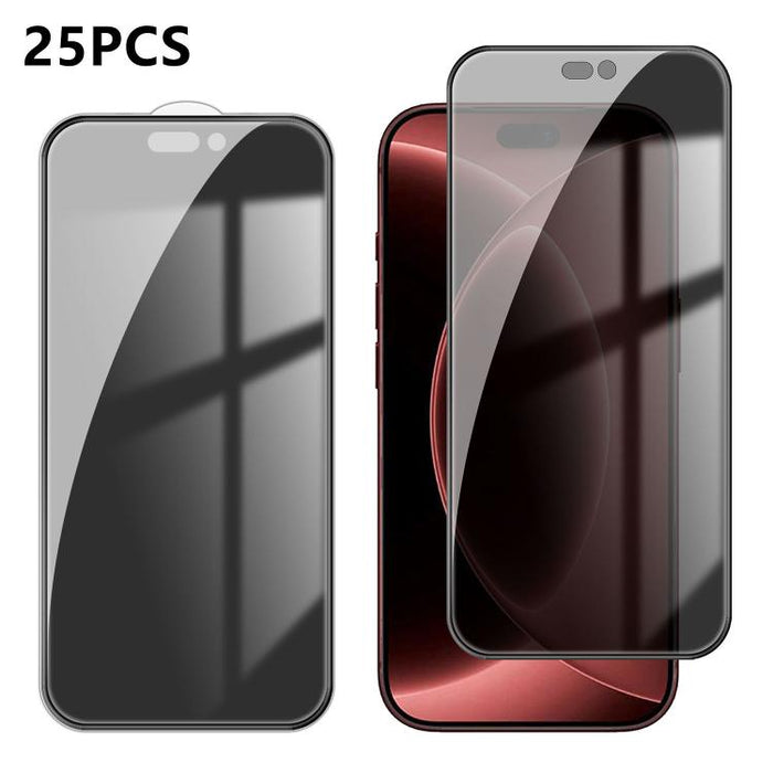 25 láminas de vidrio templado de alta calidad con acabado de aluminio, cobertura total, antihuellas y serigrafía para mayor privacidad., For iPhone 17e / 16e, For iPhone 17 Pro Max, For iPhone 17 Pro, For iPhone 17, For iPhone Air, For iPhone 16 Pro Ma...