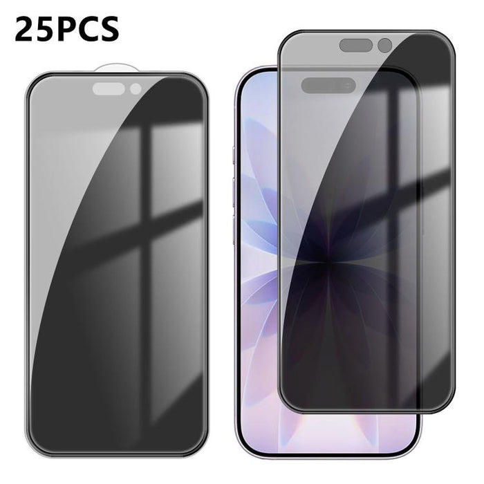 25 láminas de vidrio templado de alta calidad con acabado de aluminio, cobertura total, antihuellas y serigrafía para mayor privacidad., For iPhone 17e / 16e, For iPhone 17 Pro Max, For iPhone 17 Pro, For iPhone 17, For iPhone Air, For iPhone 16 Pro Ma...