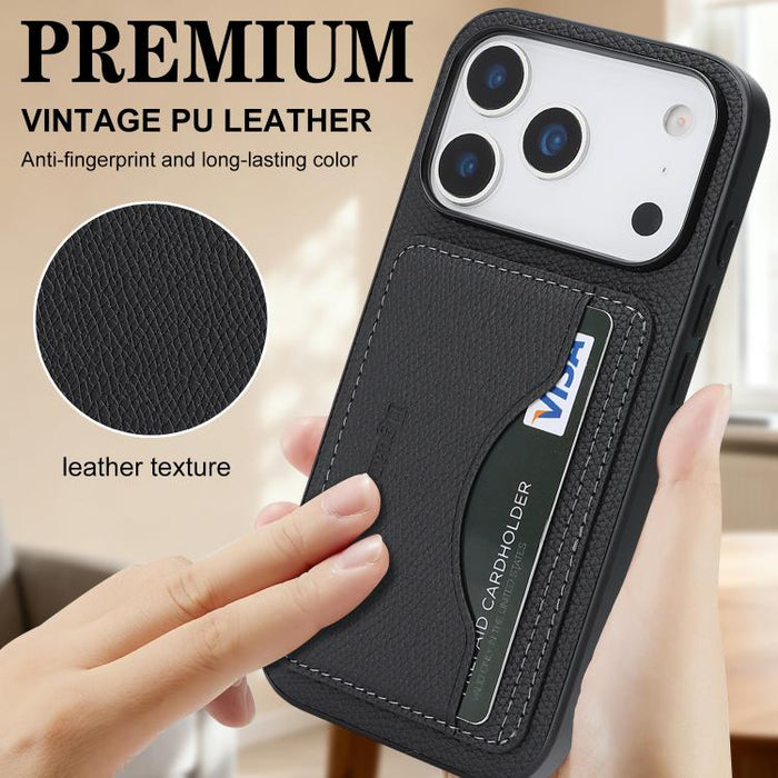Funda trasera para teléfono con tarjetero magnético de piel vegana estilo retro, For iPhone 17e / 16e, For iPhone 17 Pro Max, For iPhone 17 Pro, For iPhone 17, For iPhone 16 Pro Max, For iPhone 16 Pro, For iPhone 16 Plus, For iPhone 16
