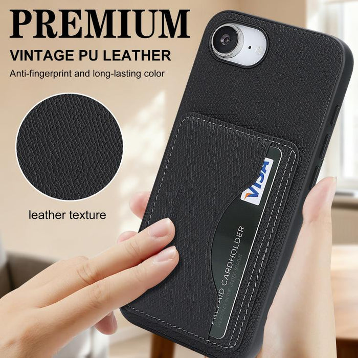 Funda trasera para teléfono con tarjetero magnético de piel vegana estilo retro, For iPhone 17e / 16e, For iPhone 17 Pro Max, For iPhone 17 Pro, For iPhone 17, For iPhone 16 Pro Max, For iPhone 16 Pro, For iPhone 16 Plus, For iPhone 16
