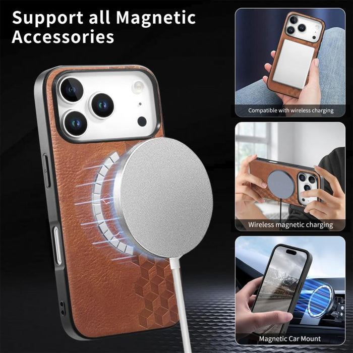 Funda magnética a prueba de golpes para teléfono con textura de cuadrícula 3D de PU, For iPhone 17 Pro, For iPhone Air, For iPhone 16 Pro, For iPhone 16