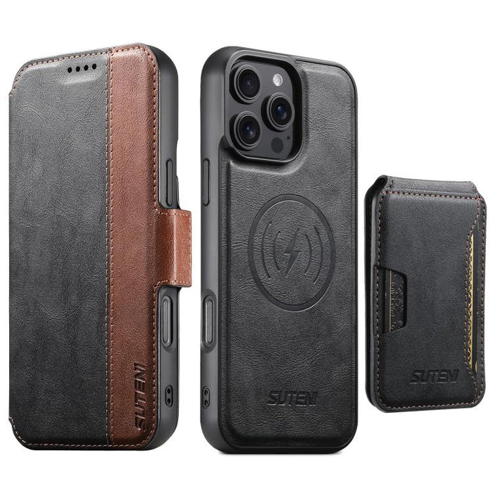 Funda para teléfono magnética extraíble con diseño de piel de vaca y empalme izquierdo-derecho Suteni Q07S3, For iPhone 17 Pro Max, For iPhone 17 Pro, For iPhone 17, For iPhone Air, For iPhone 16 Pro Max, For iPhone 16 Pro, For iPhone 16 Plus          ...