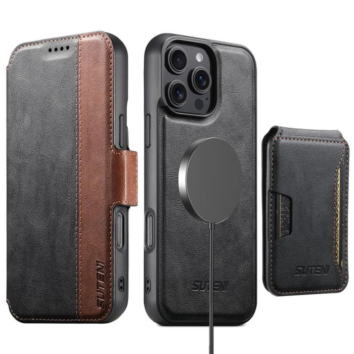 Funda para teléfono magnética extraíble con diseño de piel de vaca y empalme izquierdo-derecho Suteni Q07S3, For iPhone 18 Pro, For iPhone 18 Pro Max, For iPhone 17 Pro Max, For iPhone 17 Pro, For iPhone 17, For iPhone Air, For iPhone 16 Pro Max       ...