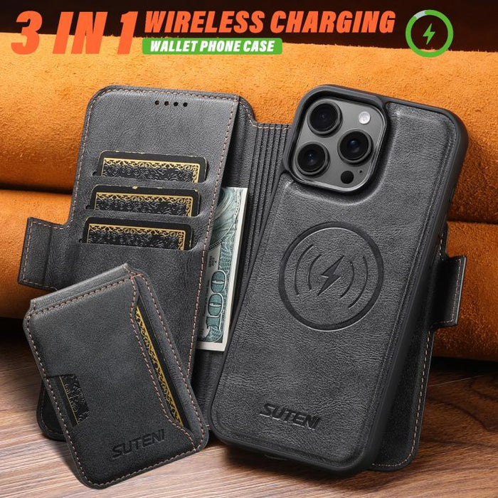 Funda para teléfono magnética extraíble con diseño de piel de vaca y empalme izquierdo-derecho Suteni Q07S3, For iPhone 18 Pro, For iPhone 18 Pro Max, For iPhone 17 Pro Max, For iPhone 17 Pro, For iPhone 17, For iPhone Air, For iPhone 16 Pro Max       ...