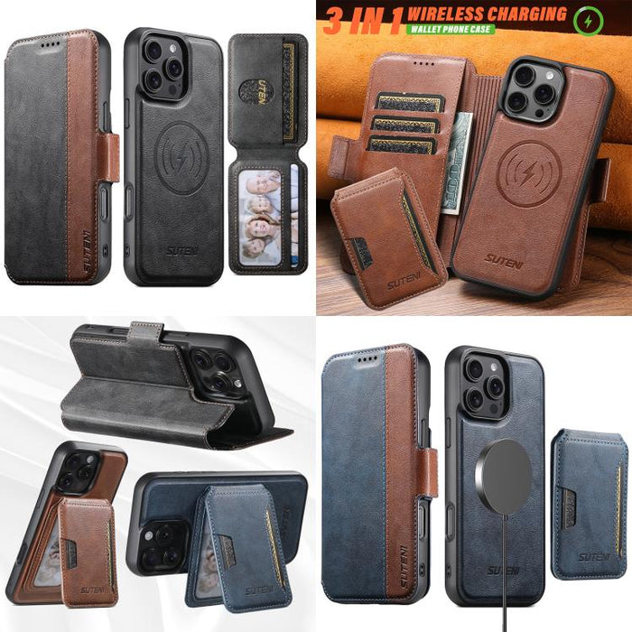 Funda para teléfono magnética extraíble con diseño de piel de vaca y empalme izquierdo-derecho Suteni Q07S3, For iPhone 17 Pro Max, For iPhone 17 Pro, For iPhone 17, For iPhone Air, For iPhone 16 Pro Max, For iPhone 16 Pro, For iPhone 16 Plus          ...