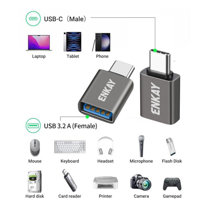 Adaptador de datos ENKAY ENK-AT134 de 10 Gbps, USB 3.2 A hembra a USB C macho, convertidor de aleación de aluminio, 2 Pcs