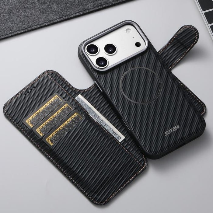 Funda para teléfono Suteni Q09 con cartera magnética desmontable 2 en 1, textura triangular y piel vegana., For iPhone 17 Pro Max, For iPhone 17 Pro, For iPhone 17, For iPhone 16 Pro Max, For iPhone 16 Pro, For iPhone 16, For iPhone 15 Pro Max         ...