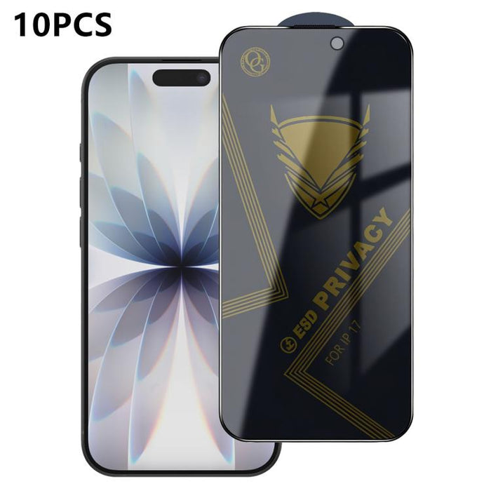 10 láminas de vidrio templado antiestático con impresión serigráfica de alto contenido de aluminio OG Golden Armor para privacidad, For iPhone 17e / 16e, For iPhone 17 Pro Max, For iPhone 17 Pro, For iPhone 17, For iPhone Air, For iPhone 16 Pro Max    ...