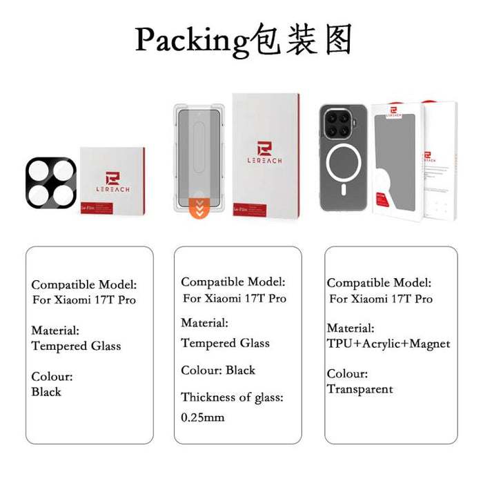 Funda magnética 3 en 1 para teléfono con protector de lente y protector de pantalla de vidrio templado para mayor privacidad., For Xiaomi 17T Pro 5G, For Xiaomi 17T 5G