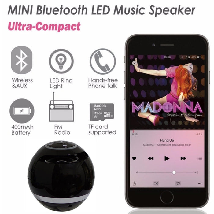 T&G A18 Ball Altavoz Bluetooth con luz LED Mini altavoz inalámbrico portátil Música móvil Subwoofer MP3 Soporte TF, BLACK, BLUE, PINK, WHITE