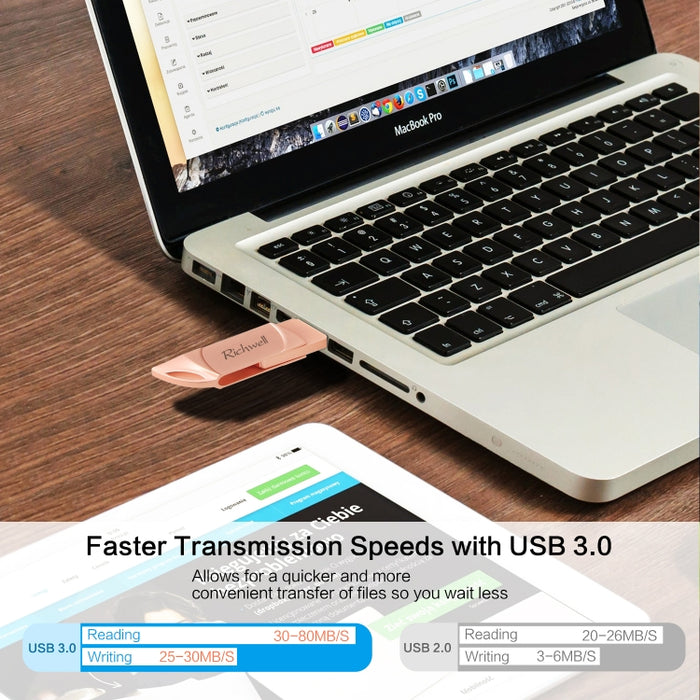 Richwell DXZ128 Disco flash USB 128G 3 en 1 Micro USB + 8 pines + USB 3.0 Compatible con iPhone e IOS, Negro, Plata, Oro de rosa