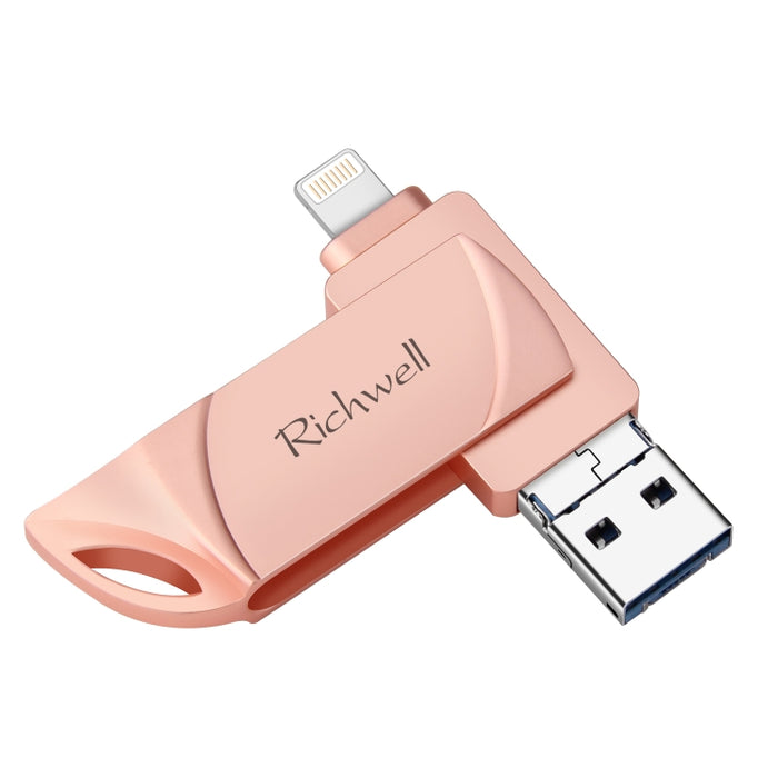Richwell DXZ128 Disco flash USB 128G 3 en 1 Micro USB + 8 pines + USB 3.0 Compatible con iPhone e IOS, Negro, Plata, Oro de rosa