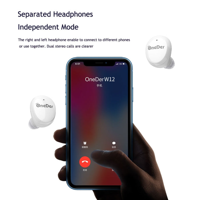OneDer W12 Auricular inalámbrico con impermeable IPX5 HD Sonido estéreo TWS Auricular Bluetooth