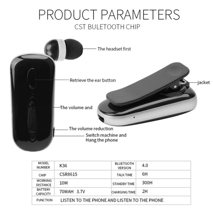 K36 Estéreo Inalámbrico Bluetooth Auricular Llamadas Recordar Vibración Desgaste Clip Controlador Auriculares Auricular