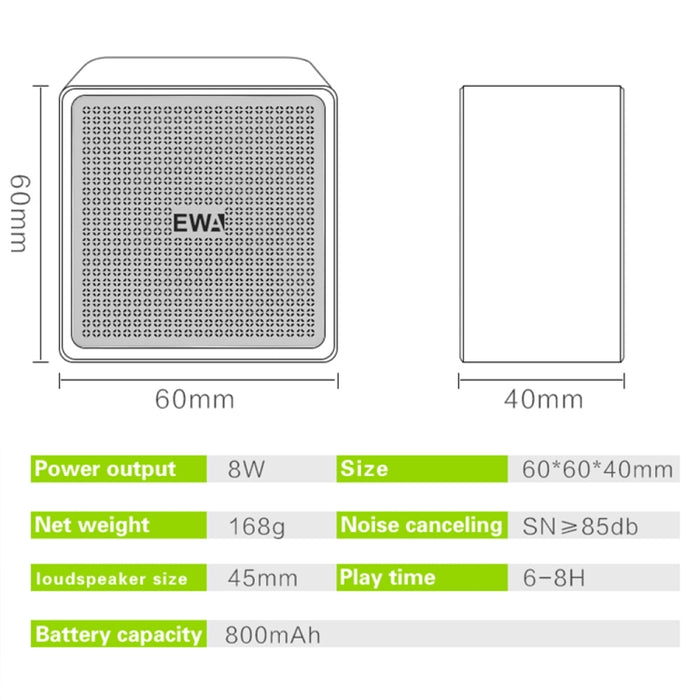 EWA A105 Altavoz Bluetooth de alta fidelidad, bajo de alta potencia de tamaño pequeño, soporte de tecnología Bluetooth TWS TF