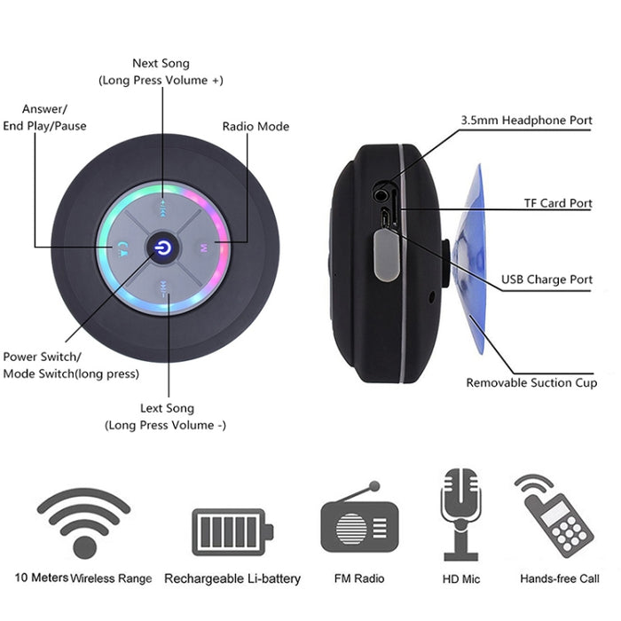 BTS-08 Altavoz Bluetooth inalámbrico Impermeable Led FM Radio Subwoofer Columna Bluetooth Tarjeta TF Ventosa Mini Altavoz de ducha