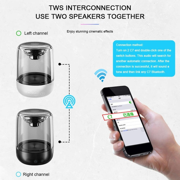 C7 Bluetooth 5.0 Altavoz LED transparente Subwoofer luminoso TWS 6D Surround HIFI Stereo Cool Audio, C7