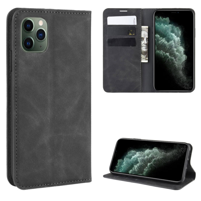 Para iPhone 11 Pro Max Retro-skin Business Funda de cuero con succión magnética con monedero-soporte-portabrocas, For iPhone 11 Pro Max
