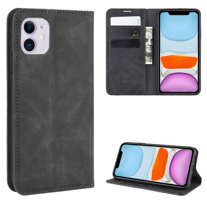 Para iPhone 11 Retro-skin Business Estuche de cuero con succión magnética con monedero-soporte-portabrocas, For iPhone 11