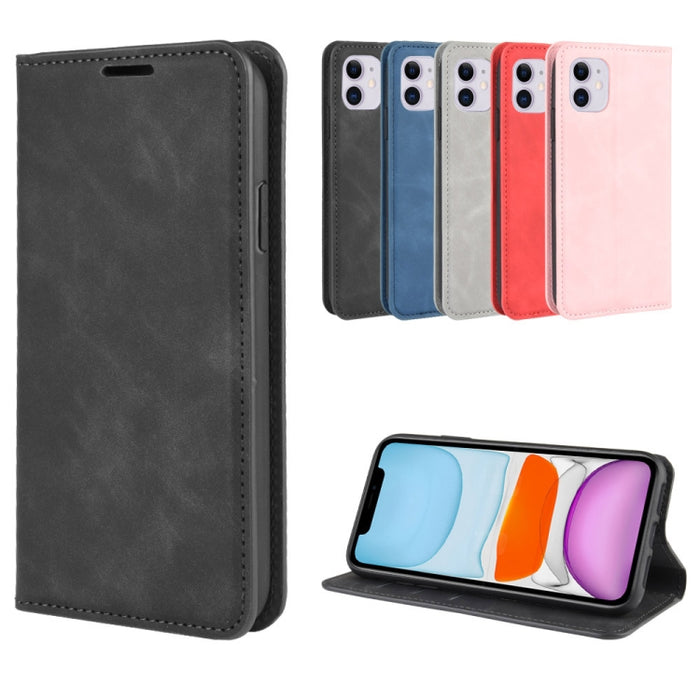 Para iPhone 11 Retro-skin Business Estuche de cuero con succión magnética con monedero-soporte-portabrocas, For iPhone 11